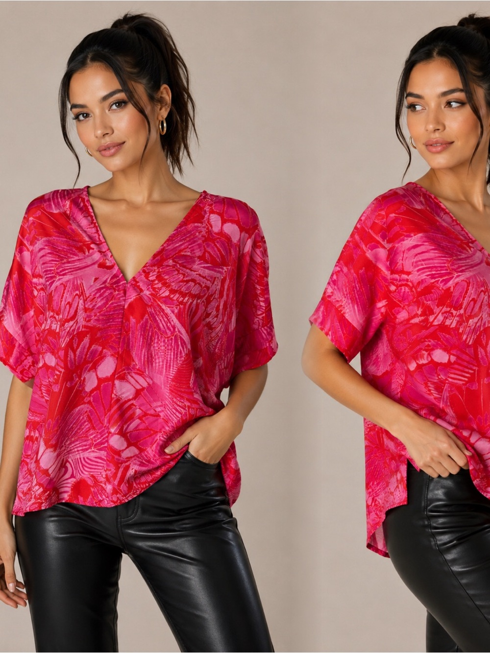 JODIFL V-Neck Short Sleeve Floral Blouse - Fuchsia & Red